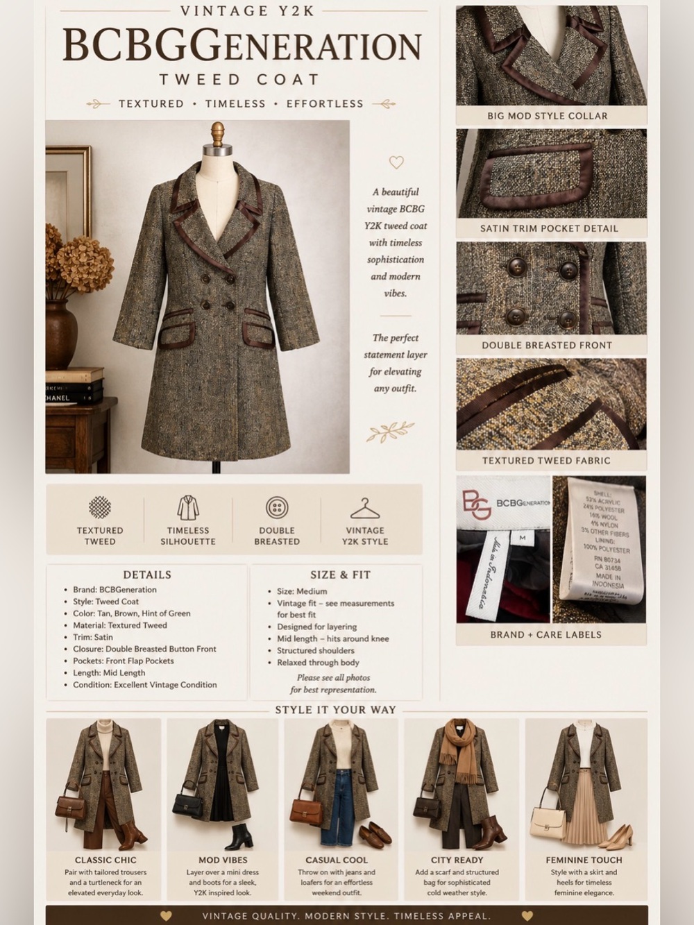 BCBGeneration - vintage y2k -tweed type Textured Coat, button front- big collar